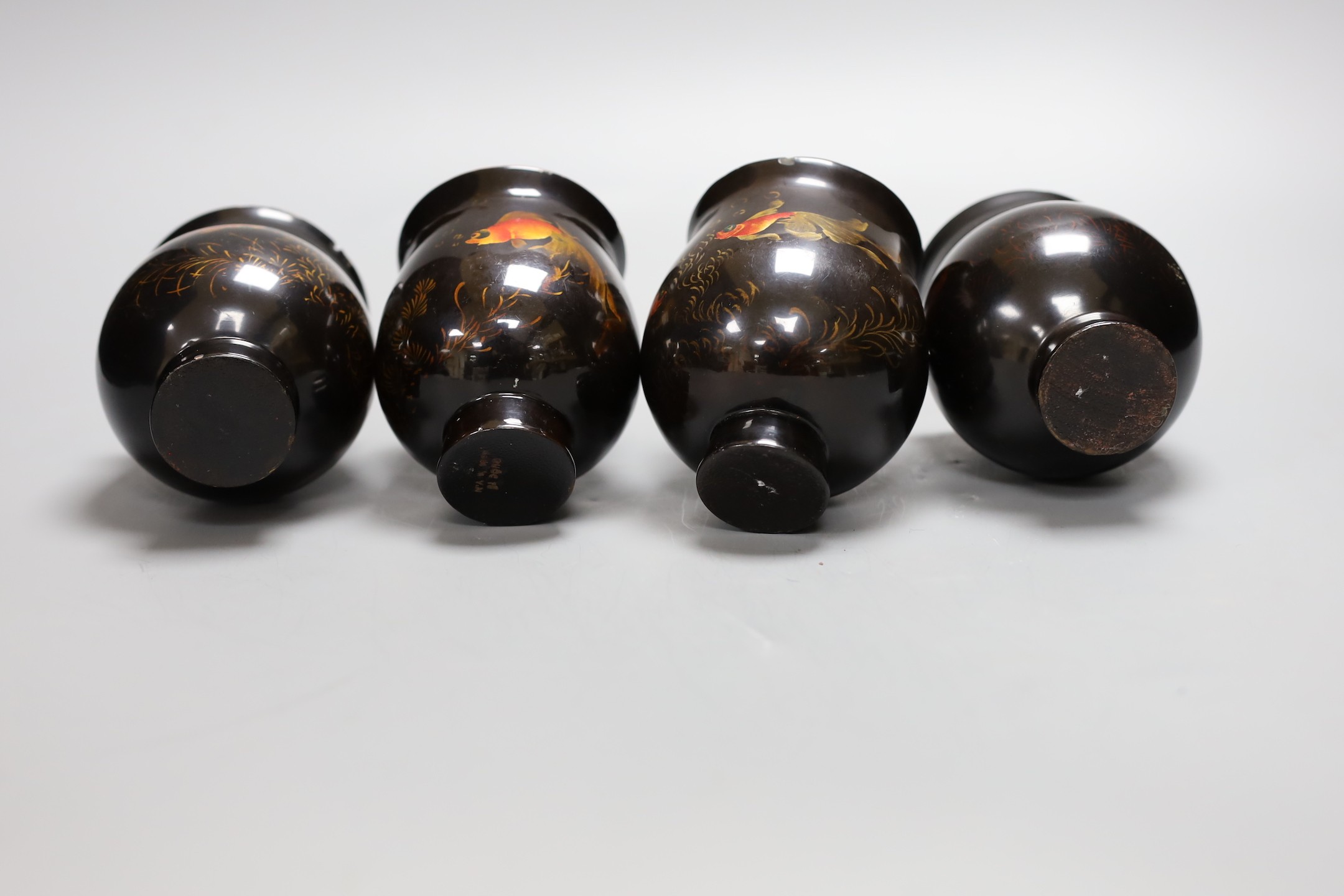 Four Vietnamese lacquer goldfish cups, 10 cms high